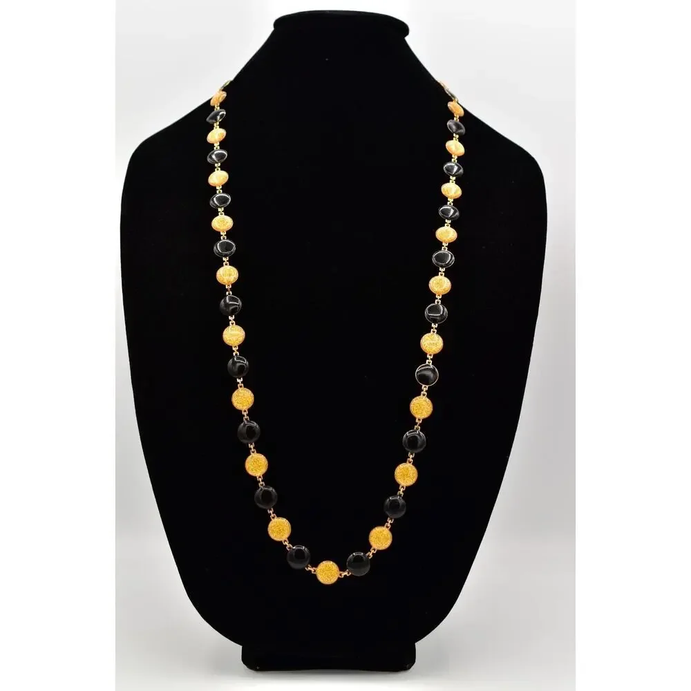 Vintage Black Gold Necklace Enamel Chain Gold Round Dot Circle Linked BinBD
